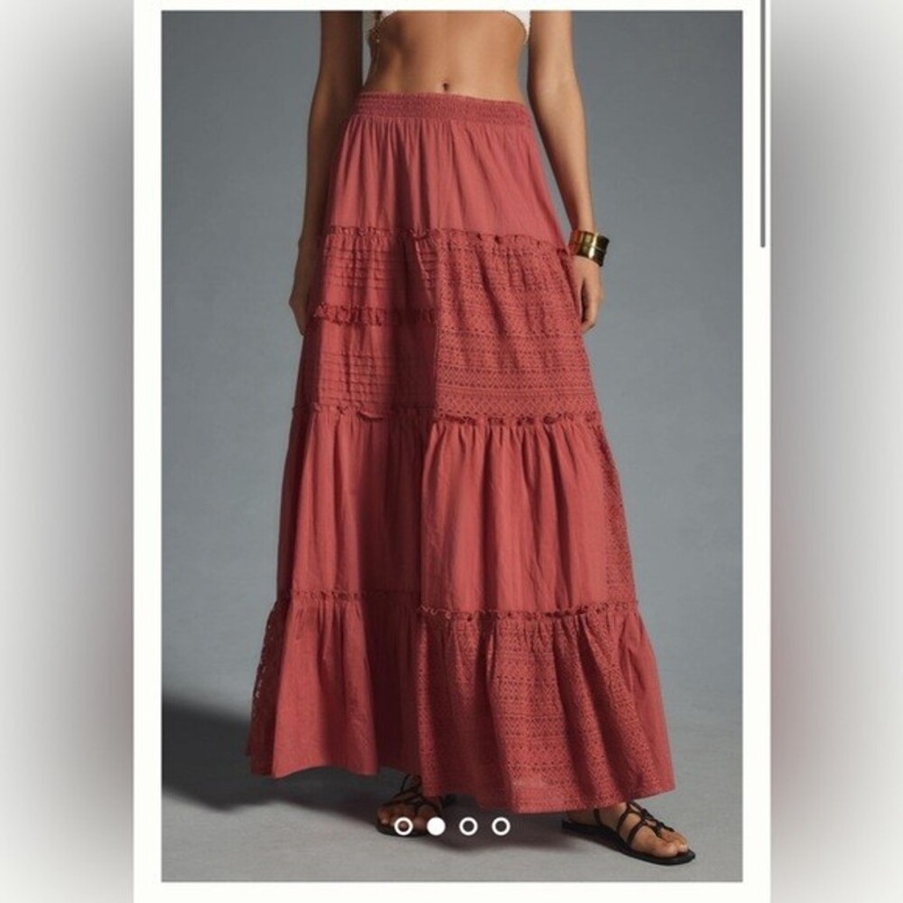 NWT Anthropologie Tiered Lace Patchwork Maxi Skirt XL Pink Coral BOHO - READ